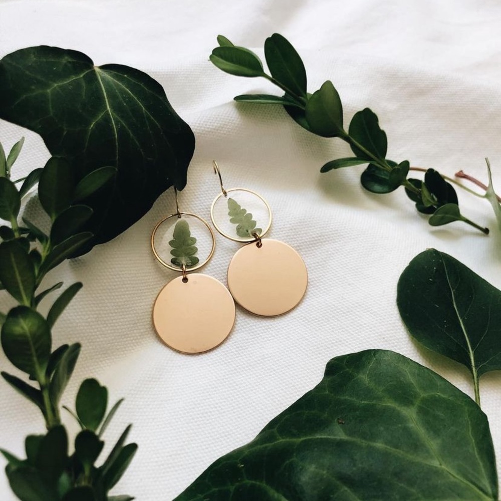 Gold and fern handmade earrings